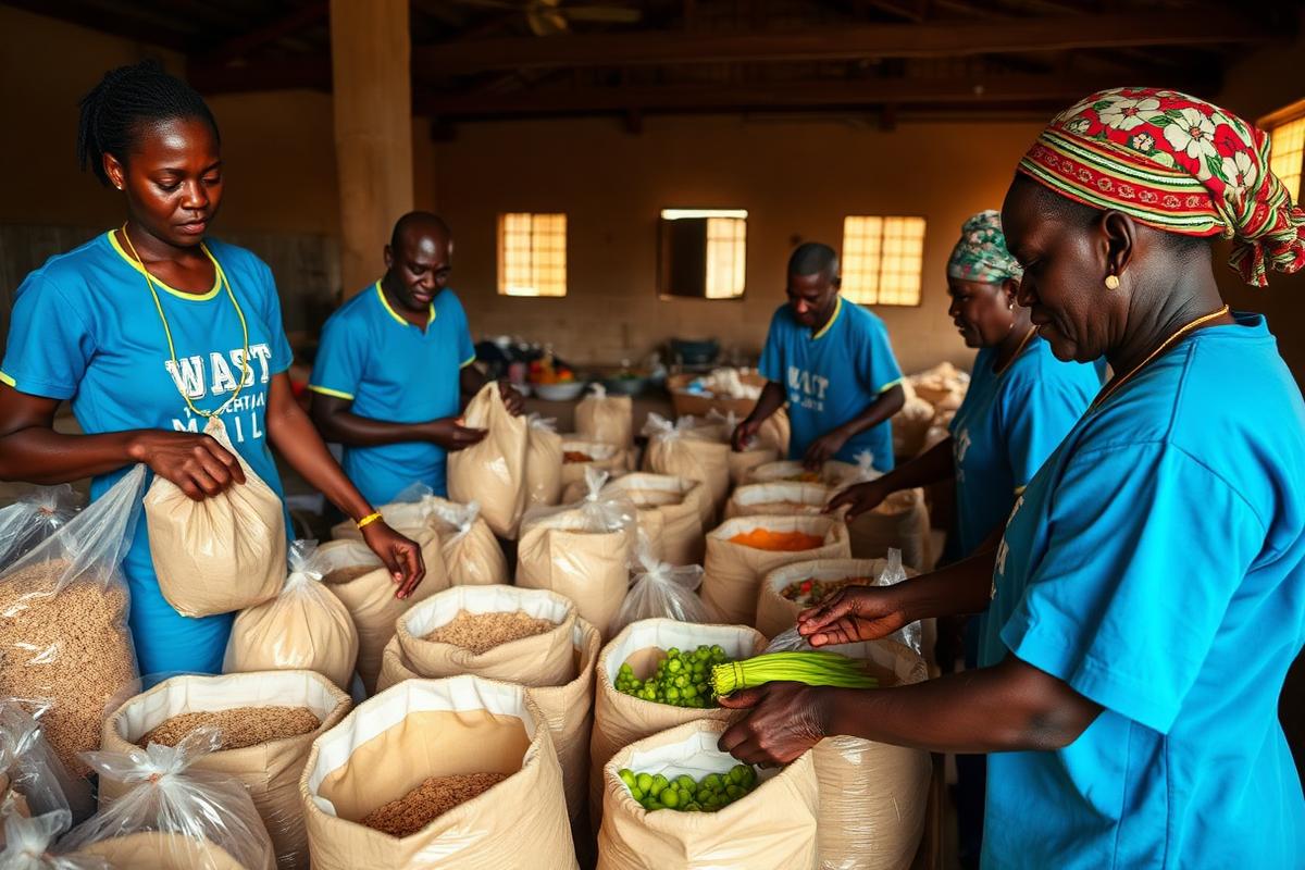 Volunteers packing grain and fresh produce into food packages
